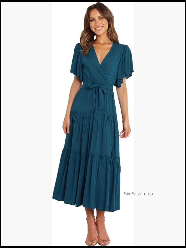 Rayon Midi Dress With Ruffle Sleeves And Waist Tie